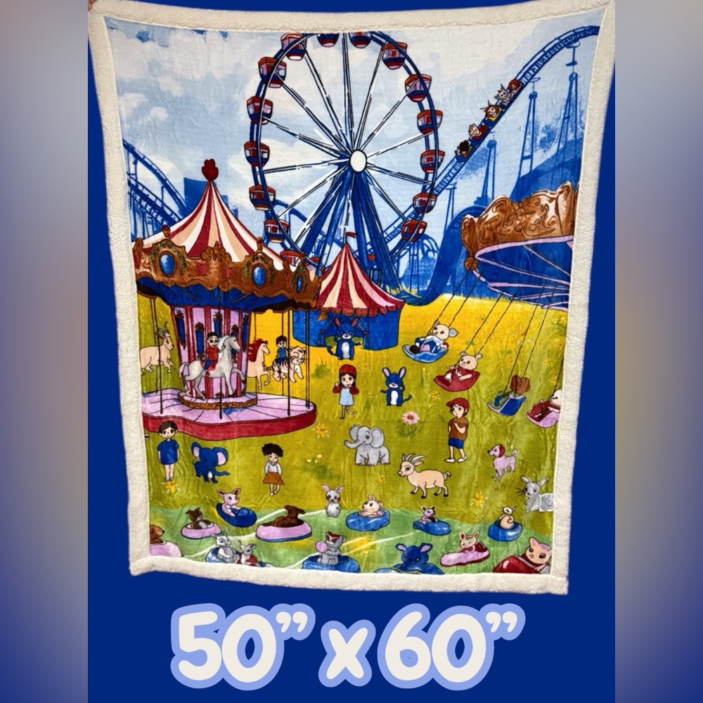 50” x 60” Sherpa fleece warm cozy throw blanket amusement park primary colors